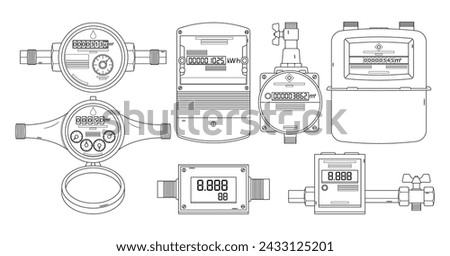 Vector Set Of Outline Icons Representing Communal Services Meters, Including Water, Gas, Electricity, And Heat Meters