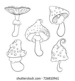 Vector set of outline illustrations of fly agarics for Halloween on a white background.