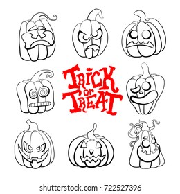 Vector set of outline illustrations of a pumpkins lanterns for Halloween with emotions on a white background. Trick or treat