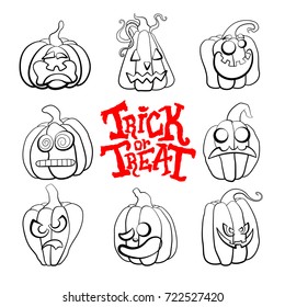 Vector set of outline illustrations of a pumpkins lanterns for Halloween with emotions on a white background. Trick or treat