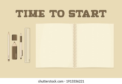 Conjunto de vectores de contorno libro de ejercicios retro aislado o cuaderno de espiral de anillo con puntos
para notas de resumen como maquillaje, pluma marrón, lápiz, marcador, regla sobre la mesa. Vista superior. Hora de empezar a escribir texto