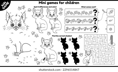 Juego de vectores de juegos de niños contorno con gato de dibujos animados. Funda de actividad imprimible con laberinto, conectar los puntos, encontrar diferencias y otras. Hoja de trabajo con lindo gatito para niños de kindergarten y preescolares.