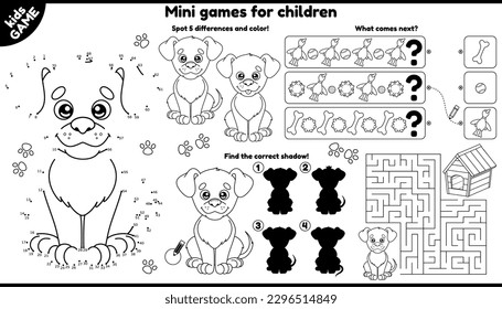 Juego de vectores de juegos de niños contorno con perro de dibujos animados. Funda de actividad imprimible con laberinto, conectar los puntos, encontrar diferencias y otras. Hoja de trabajo con adorable cachorro para niños de kindergarten y preescolares.