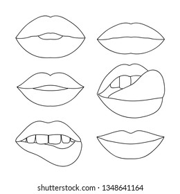 Vector set of outline lips. Useful for wrap, cosmetic, party, notebooks, stickers. attractive retro style. Smile, teeth, tongue