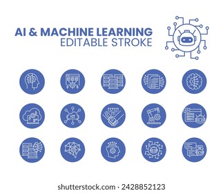 Vector Set of outline machine learning icons. Modern and thin line webite icon set, Editable Stroke. 