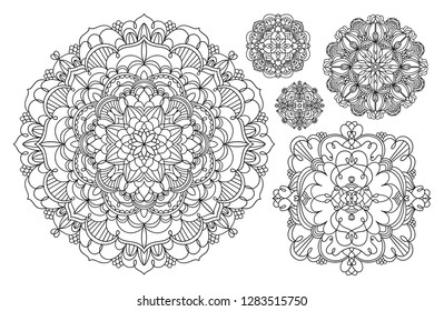 Vector set of outline mandalas, collection of 5 mandalas