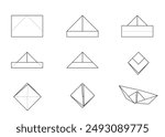 Vector set of outline paper origami boat isolated on white