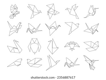 Vector set of outline paper origami birds isolated on white