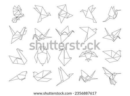 Vector set of outline paper origami birds isolated on white