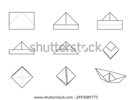 Vector set of outline paper origami boat isolated on white