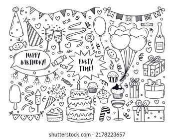 Vector set of outline party doodles. Hand drawn birthday, anniversary, carnival, festival decor. Balloons, cupcakes, gift boxes, glasses, buntnting garland illustrations in freehand style