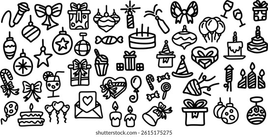 Vector set of outline party doodles. Hand drawn birthday, anniversary, carnival, festival decor. Balloons, cakes, gift boxes illustrations in hand drawn style