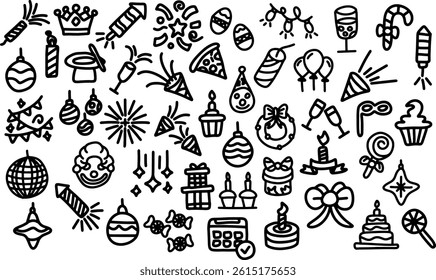 Vector set of outline party doodles. Hand drawn birthday, anniversary, carnival, festival decor. Balloons, cakes, gift boxes illustrations in hand drawn style