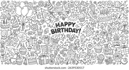 Vector set of outline party doodles. Hand drawn birthday, anniversary, carnival, festival decor. Balloons, cupcakes, gift boxes, glasses, buntnting garland illustrations in freehand style