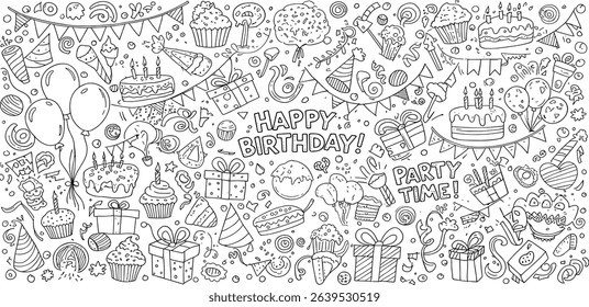 Vector set of outline party doodles. Hand drawn birthday, anniversary, carnival, festival decor. Balloons, cupcakes, gift boxes, glasses, buntnting garland illustrations in freehand style