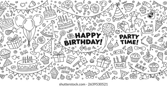 Vector set of outline party doodles. Hand drawn birthday, anniversary, carnival, festival decor. Balloons, cupcakes, gift boxes, glasses, buntnting garland illustrations in freehand style