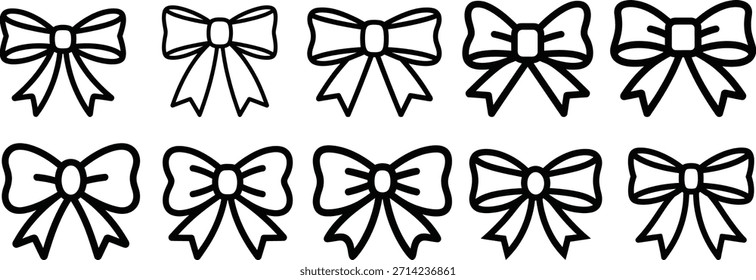 Conjunto de Vector de arcos de cinta de contorno. Colección de iconos de arco dibujados a mano simples en el arte de línea negro, aislado sobre fondo blanco. Perfecto para diseños de envoltura de regalos, scrapbooking, tarjetas de felicitación, fiesta dec