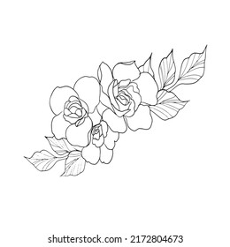 Vector ambientado con flor rosa de contorno y hojas en negro aisladas en fondo blanco. Elementos florales decorativos para el diseño de primavera y el colorido. Flor de rosa en forma de contorno.