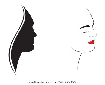Vector set of outline and silhouette abstract female woman's face profile, isolated, illustration on white background.