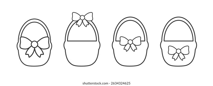 Vector set of outline sketch baskets with bows in different shapes for crafting, coloring pages, and decorative projects