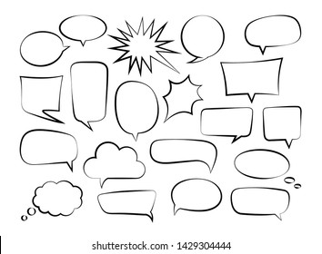 Vector set of outline speech bubbles and hand drawn dialog balloons in cartoon comic style. Illustration of line cloud bubble blank retro speech for communication, sticker, birthday.