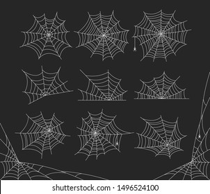 Vector set of outline spider web cobweb isolated on white background. Spooky cobweb and web corners. Halloween spider elements. Monochrome concept. Cartoon illustration in flat style. Halloween icons