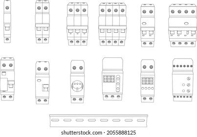 Vector set of outline switchboard elements for fuse control box - safety circuit breaker, relay, residual current circuit breaker. Front view svg