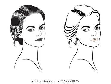 Vector set of outline three-quarter view female faces, isolated, illustration on white background.