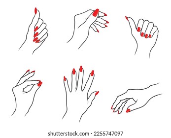 Vector set of outline, various female hand gestures with manicure, isolated, on white background.
