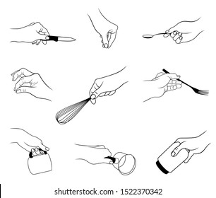 Vector Set Of Outline, Various Hand Actions And Gestures By Kitchen Theme, Isolated, In Black Color, On White Background.