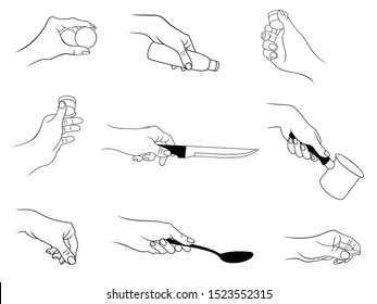 Vector set of outline, various hand actions and gestures by kitchen theme, isolated, in black color, on white background.