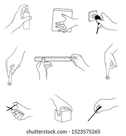 Vector set of outline, various hand actions and gestures, isolated, in black color, on white background.