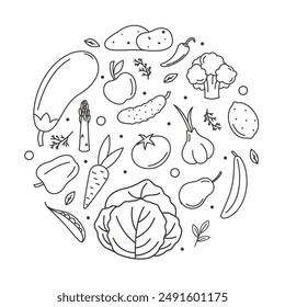 vector set of outline vegetables and fruits doodle style