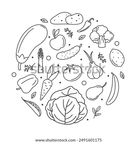 vector set of outline vegetables and fruits doodle style