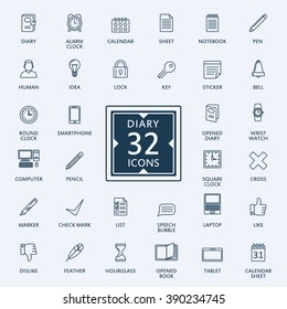 Vector set of outline web icons on diary theme.