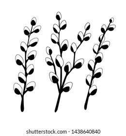 Vector set with outline Willow twigs in black isolated on white background. Branch with blooming pussy Willow in contour style for springtime design and Easter coloring book.