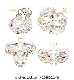 Vector set of outline zodiac signs Taurus, Aries, Pisces, Aquarius   isolated on white background.