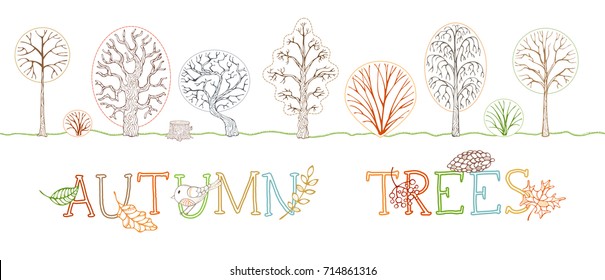 Vector set of outlined autumn trees on white background. Hand-drawn chestnut, bush, tree stump, birch, oak, and others trees. Outdoors background.