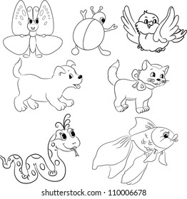 Vector set of outlined cartoon animals. Coloring book.