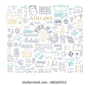 Vector set of outlined education elements and icons. Dna, molecules, test-tubes and others. Chemistry, physics and laboratory research symbols and signs. Scene creator items. Top view.