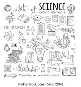 Vector set of outlined education vertical banners. Science, chemistry, physics and laboratory research elements and symbols. Molecules, books, gears, PCB and other objects.