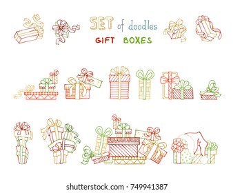 Vector set of outlined festive gifts. One, two and more presents. A heap of gift boxes. Hand-drawn colourful icons isolated on white background.