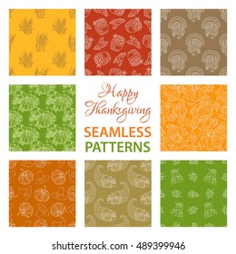 Vector set of outlined seamless Thanksgiving patterns. Corn, horn of plenty, grape, pilgrim's hat, pumpkin, turkey, wheat, sunflower, apple. Boundless hand-drawn sketch autumn harvest backgrounds.