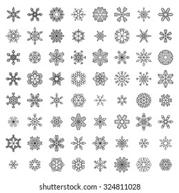 Vector Set of Outlined Snowflakes. Vintage linear snowflakes isolated on white background. 