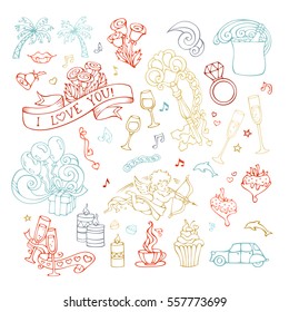 Vector set of outlined Valentine's icons, signs and symbols. Hand-drawn colourful contours of romantic objects. Love design elements isolated on white background.