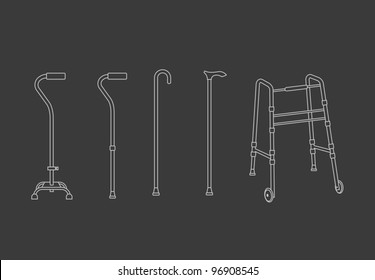 Vector Set of outlined walking sticks for seniors