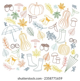 Vector Set with Outlines of Autumn Symbols and Elements.
Pumpkin, Berries, Mushrooms, Umbrella, Boots. Color Outline. Autumn. Collection of Scrapbooks on the Theme of the Autumn Season.Autumn Postcard