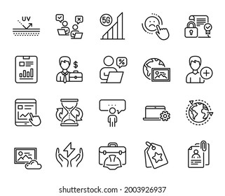 Conjunto de vectores de outsourcing, informe de Internet y conjunto de iconos de la línea de caso de Businessman. Nube de fotos, etiquetas de lealtad e iconos de disgusto. Energía segura, protección Uv y señales de persona Add. Vector