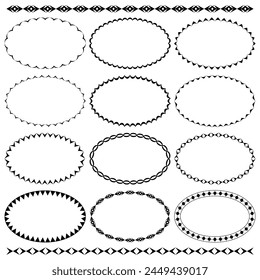 Vector set of oval frames, two seamless black brushes. Collection of thin narrow empty frames with space for text isolated on background. For the design of web banners, printing on paper, textiles