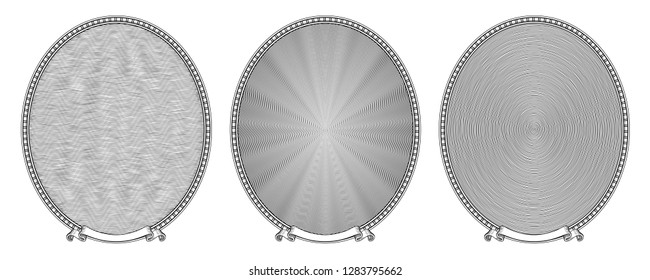 Vector set of oval frames in vintage style. Retro border and various guilloche fills. Engraving, etching. Empty spaces to fit the some portraits like a heads of historical politicians on banknotes